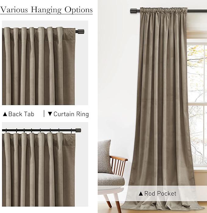 StangH 120 inches Long Camel Beige Velvet Curtains - Extra Long Thick Thermal Insulated Room Darkening Window Drapes for Hall, Back Tab Chill Resist Winter Curtain for Door, W52 x L120, 2 Panels