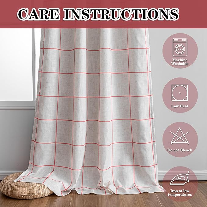 MYSKY HOME 100% Blackout Plaid Linen Curtains 95 Inches Long Double Layer Farmhouse Thermal Insulated Checkered Patterned Drapes Rod Pocket Back Tab for Living Room Girls Room, 2 Pcs, 52" Wide, Pink