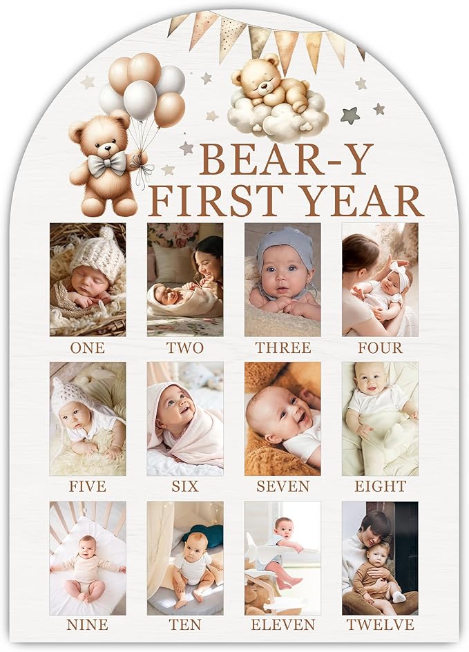 My First Year Photo Board, Bear-Y First Year Baby Milestone Signs for Boys Girls Nursery Decor, 12 Month Wooden Pictures Board for 2x3 Photos, Best Babies Keepsake Gifts-A04