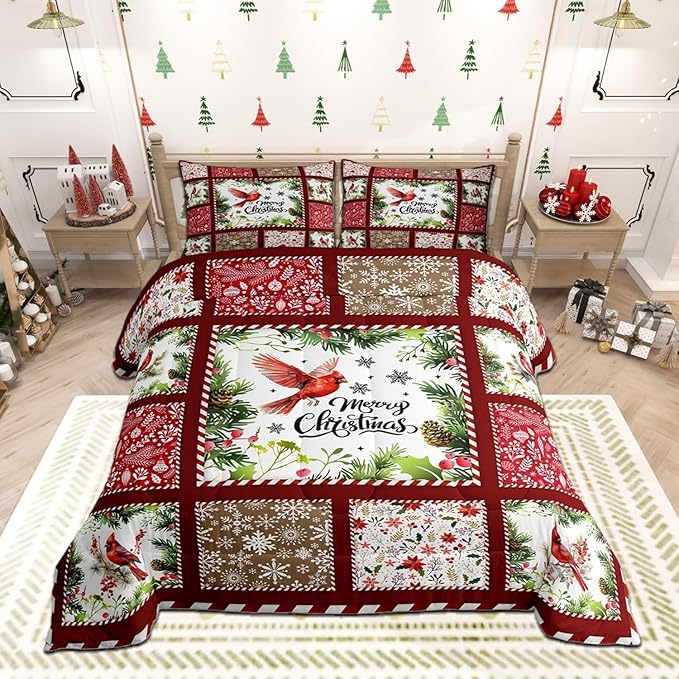Castle Fairy Merry Christmas Comforter Set Toddler Size,Xmas Rustic Patchwork Watercolor Cardinal Bird Bedding Set for Kids Boys Men,Red Floral Leaves Snowflakes Plaid Quilt Set with 1 Pillowcase