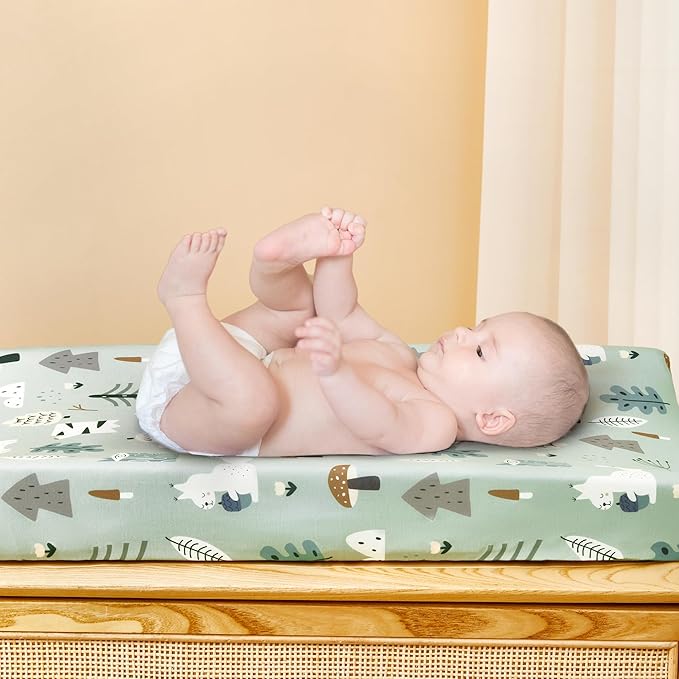 TILLYOU Changing Pad Cover Set in Soft Jersey Material - Fits 32"/34''x16 Contoured Pad for Babies, Jungle Walk and White Stripes