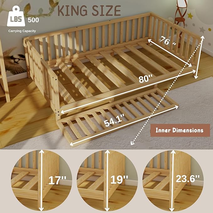 Montessori Floor Bed Designed with Open Front for Girls and Boys | Pine Wood Natural Solid Frame Beds Footed Model with Slats | Sturdy Designed Floor Bed Frame for Kids (King, Height : 23 Inches)