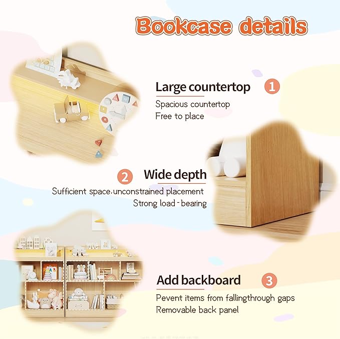 Lkeiyay Open Shelf Kids Bookcase，Montessori Toy Organizer with LED Lights - Oak Wooden Open Bookcase for Kids, Bedroom, Back to School，Playrooms & Nurseries