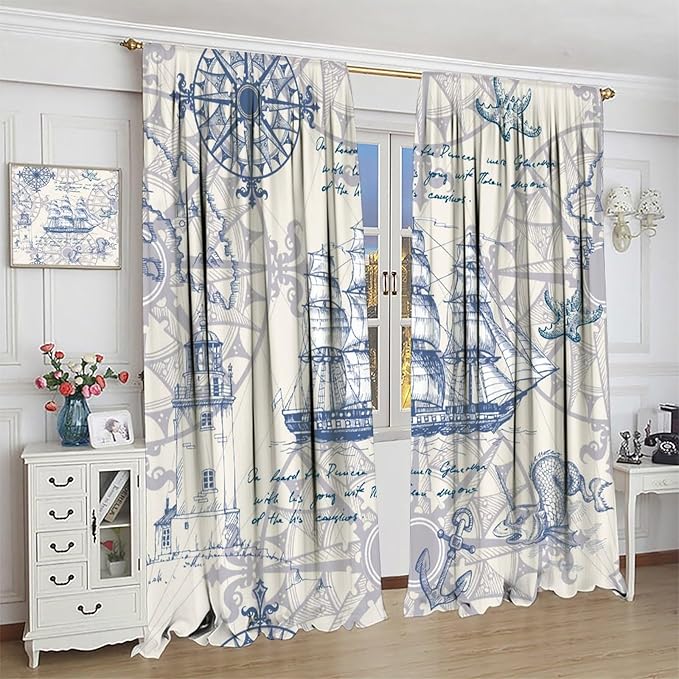 Nautical Sailboat Map Curtain,Ship Compass Lighthouse Anchor Decorative Curtain Polyester Fabric Waterproof Bedroom Curtain Set 2 Panels,42x45 Inches
