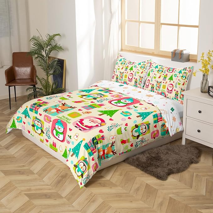 Christmas Comforter Cover Cartoon Santa Claus Snowman Flower Bedding Set Cute Penguin Deer Duvet Cover for Children Boys Girls Microfiber Gift Boxes Bedspread Cover Room Decor Bedclothes Queen Size