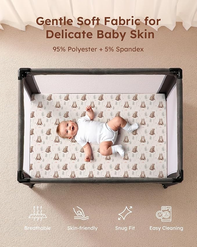 Pack and Play Sheets Fitted, 3 Pack Soft Stretchy Baby Mini Crib Sheets for Pack N Play Mattress and Portable Playard Sheets for Boys and Girls Brown Bear Deer