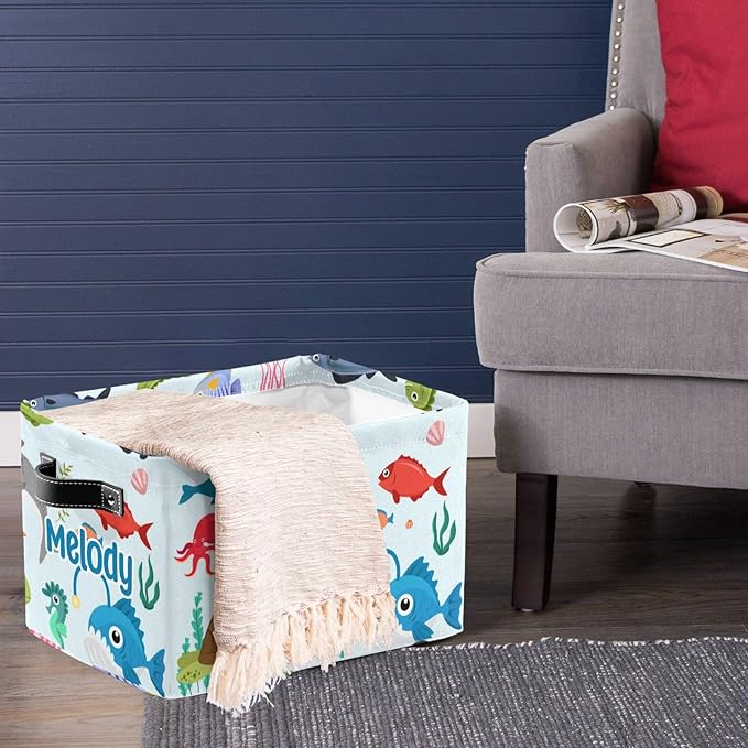 Deven Ocean Animal Personalized Large Storage Baskets for Organizing Shelves with Handle,Closet Decorative Storage Bins for Bathroom,Nursery,Home