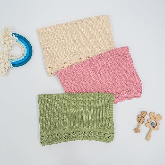 Baby Knit Blanket, 100% Cotton Waffle Patterns, Soft, Cozy, Lightweight Swaddle for Newborn & Infant Swaddling Beige Neutral, Perfect Baby Shower Ideas Beige 30x40