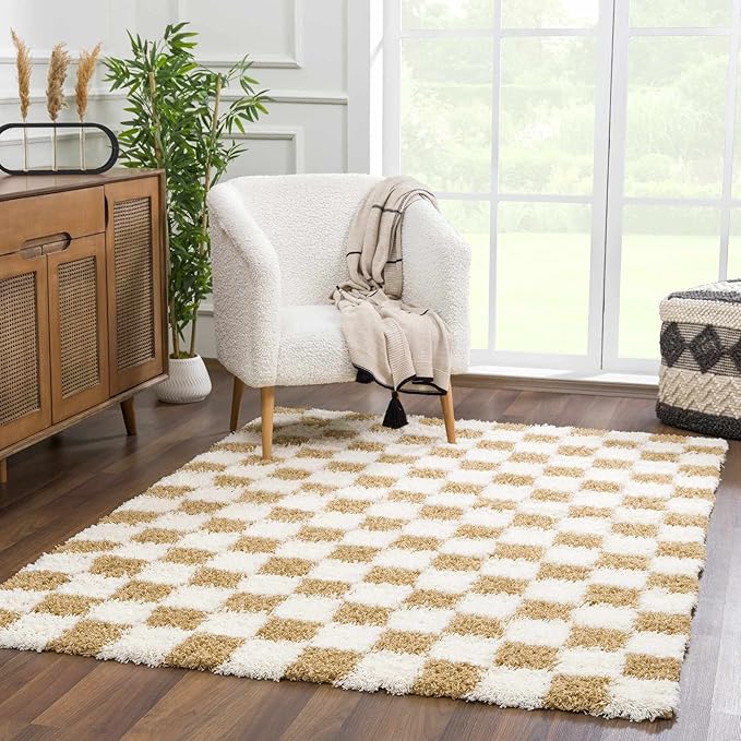 Hauteloom Atira Contemporary Checkered Fluffy Shag Runner Rug - Modern Geometric Carpet Tiles for Hallway, Kids Room - Plush Pile Carpet Squares - Light Mustard,Cream - 2'7" x 10'