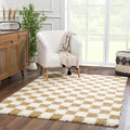 Hauteloom Atira Contemporary Checkered Fluffy Shag Area Rug - Modern Geometric Carpet Tiles for Living Room, Kids Room, Nursery - Plush Pile - Yellow, Cream, White - 6'7" x 9'6"