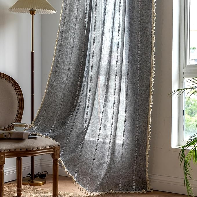 Deeprove Grey Boho Curtains 84 inches Length for Bedroom Living Room, Dark Coal Gray Bohemian 84 inches Long Embroidery Farmhouse Privacy Style Tassel Window Treatments, W52 x L84, 1 Panel