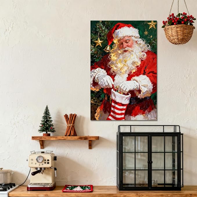 YONICA Christmas Canvas Wall Art Stocking Santa 24x32 Inch Oil Painting Filling Christmas Sock - Large Framed Gallery Wrapped Family Tradition