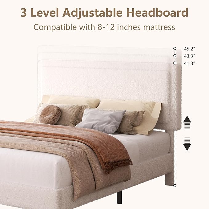King Size Bed Frame, Upholstered Platform Bed with Adjustable Headboard, Soft Boucle Fabric, Modern Style, No Box Spring Required, Easy Assembly, Off-White
