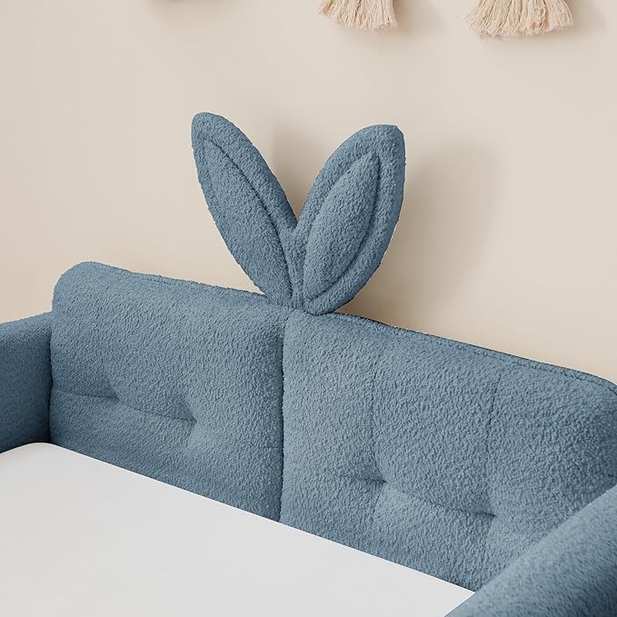 Twin Bed with Rails, Montessori Bed Frame for Toddlers, Boucle Upholstered Platform Bed with Rabbit Ear Headboard, for Kids & Teens, Blue
