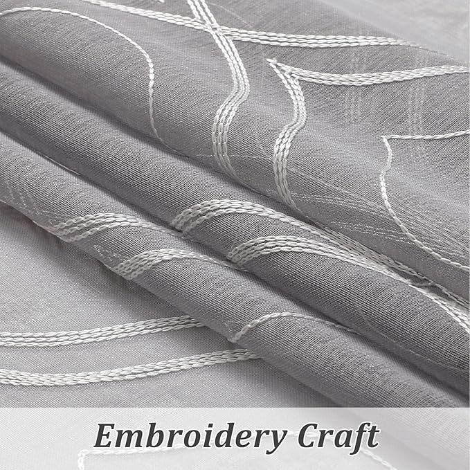 VISIONTEX Sheer Curtains 63 Inch Length 2 Panels Set Light Grey Moroccan Embroidered Curtains Trellis French Textured Rod Pocket Voile Tulle Semi Window Drapes for Bedroom Living Room 54 x 63 Inches