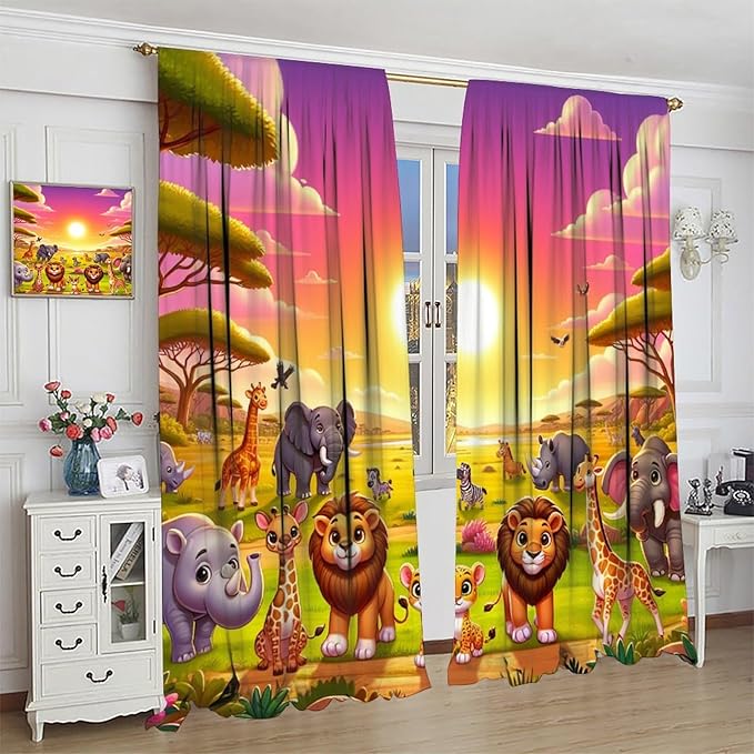 West Animal Curtains Kids Boys Girls Window Treatment Africa Cartoon Animals Lion Elephant Giraffe for Nursery Baby Bedroom Playroom Decor Window Drapes 42" W X 63" L