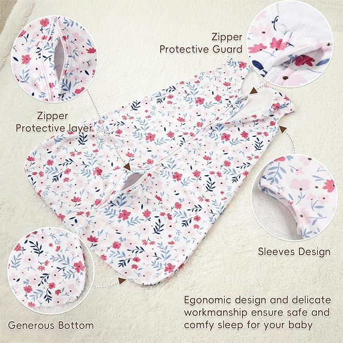 david's kids 3 Pack Warm Micro Fleece Baby Sleep Sack 0-6 Months, Soft Baby Wearable Blankets with 2-Way Zipper, Comfy Winter Sleeping Bags for Infant Newborn Girls Neutral, Small Size, Floral