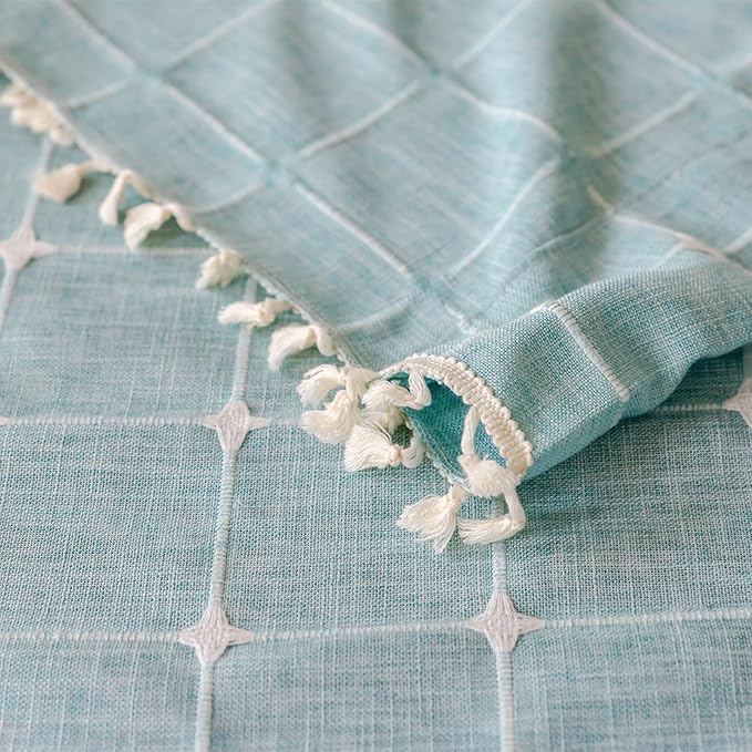 Deeprove Boho Plaid Curtains 63 inch for Home Office Kitchen Nursery Playroom, Semi Blackout Farmhouse Tassels Window Treatment Bohemian Embroidery Drape Rod Pocket 1 Panel 52" W x 63" L, Aqua