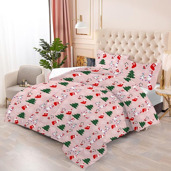 Pink Christmas Comforter Twin: Kids Bedding Set with Xmas Tree Snowman Stocking Candy Cane Snowflake for Teen Girls Boys Holiday Quilt Decor 1 Comforter & 1 Pillowcase