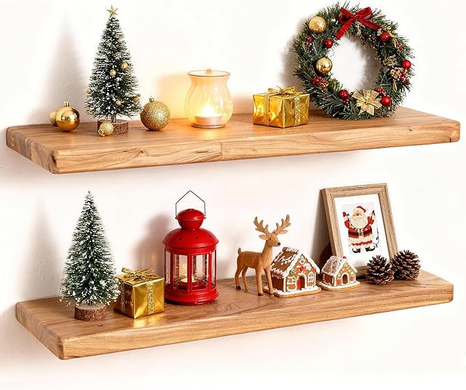 24" Rustic Elm Wood Floating Shelves, 8 Inch Deep Wall Shelves for Home Decor, Wall Mounted Floating Shelf with Invisible Bracket, Heavy-Duty Storage & Display Shelf for Living Room, Kitchen, Set of 2