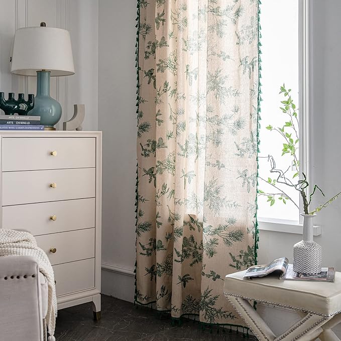 Bohemian Curtains with Tassel Green Semi-Blackout Drapes 63 Inch Length Cotton Linen Farmhouse Window Curtain Panels Floral Pattern Rod Pocket Room Darkening Curtain for Living Room Bedroom, 2 Panel