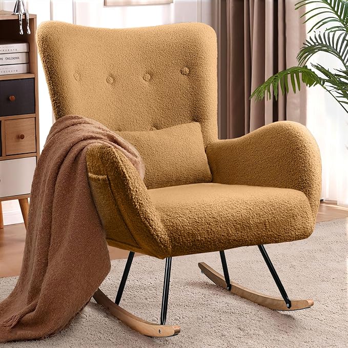 Waleaf Rocking Chair Nursery, Teddy Upholstered Rocking Chair Indoor with High Backrest Glider Accent Chair, Padded Seat Nursing Comfy Chairs for Bedroom (Brown)