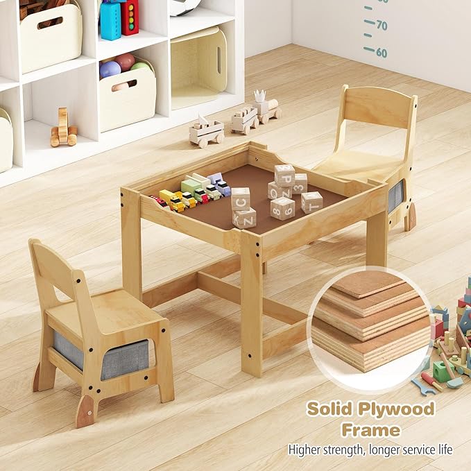 Costzon Kids Table and Chairs, 3 in 1 Wooden Activity Desk Set w/Double-Sided Tabletop, Storage Drawers and Reinforced Design for Drawing, Reading & Playing, Toddler Table and Chair Set (Gray)