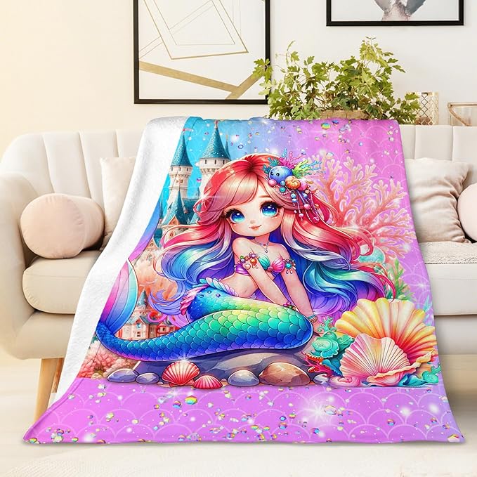 Girls Mermaid Blanket Gift, Throw for Kids Teens Adults 50x60 Inches Lightweight Cozy Pink Cute Mermaid Throw Blankets for Sofa Couch Bed Trip Car