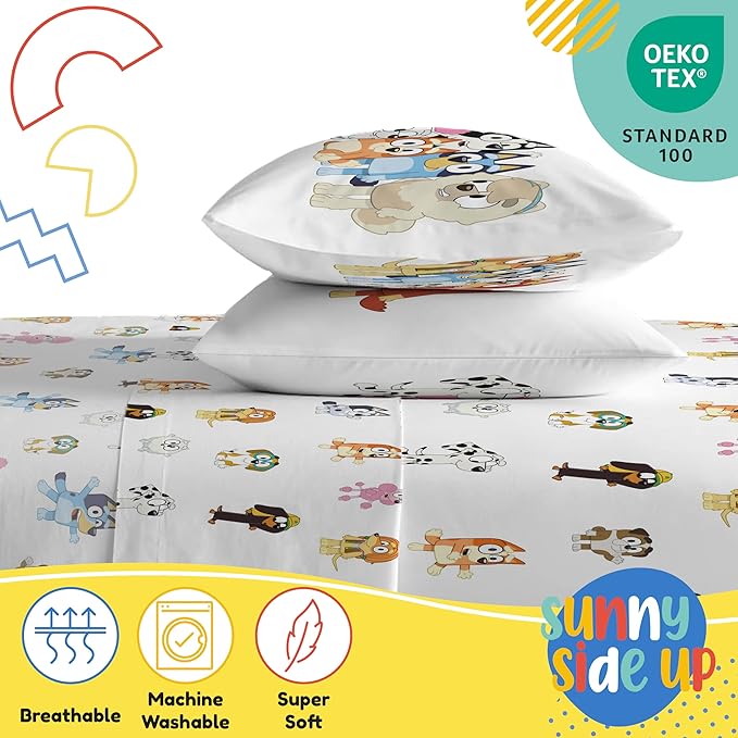 Sunny Side Up Bluey & Friends Full Sheet Set - 4 Piece Kids Bedding Set Includes Pillow Cover - Super Soft Microfiber Sheets