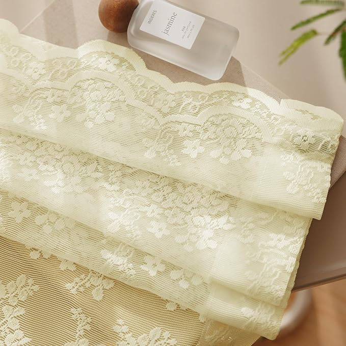 Anmao Vintage Lace Curtains 96 Inches Long 2 Panels Set, Romantic Elegant Light Filtering Semi Sheer Floral Thick Lacy Curtain Drapes for Living Room and Bedroom, Each Panel 55W x 96L, Cream Yellow