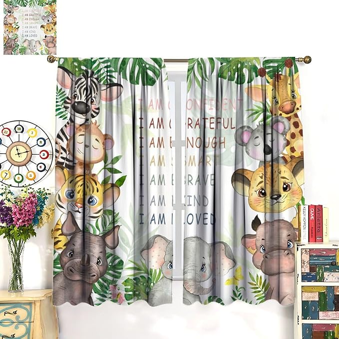 Cartoon Safari Animal Curtains Cute Watercolor Wildlife Jungle Window Treatments for Kids Boys Girls Bedroom Living Room Inspirational Motivational Quotes Nursery Children Drapes W52xL84