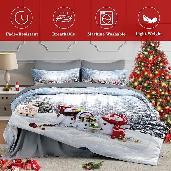 5 Pcs Twin Size Christmas Comforter Set with Pillowcase & Sham, Winter Snowy Forest Bedding for Kids and Adults, Happy Xmas Snowman Bed in a Bag with Flat Fitted Sheet