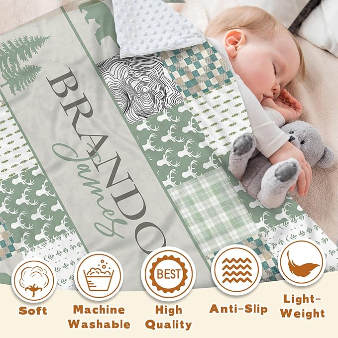 Personalized Rustic Woodland Baby Blanket - Custom Name Bear & Deer Design, Soft Blanket with Double Layer Dotted Backing for Infants Toddlers, Ideal Nursery Decor (47" x60)