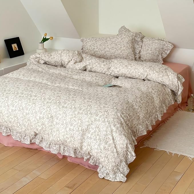BuLuTu Rabbit Duvet Cover Full Size Kids Duvet Cover 79"x90" Muslin Cotton Quilt Cover with Chic Ruffles, Girls Comforter Cover with Zipper Closure, Machine Wash, All Seasons