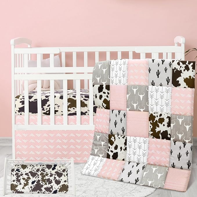 3 Piece Patchwork Western Crib Bedding Set for Boys Girls Cow Cactus Print Baby Bedding Barnyard Western Nursery Decor Soft Baby Bed Set Includes Quilt Fitted Crib Sheet Bed Skirt (Cowgirls)