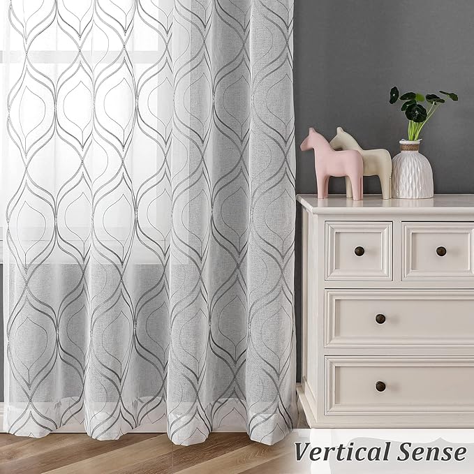 VISIONTEX White Sheer Curtains 72 Inches Long 2 Panels Set Grey Moroccan Embroidered Curtains Trellis French Textured Rod Pocket Voile Tulle Semi Window Drapes for Bedroom Living Room 54 x 72 Inches