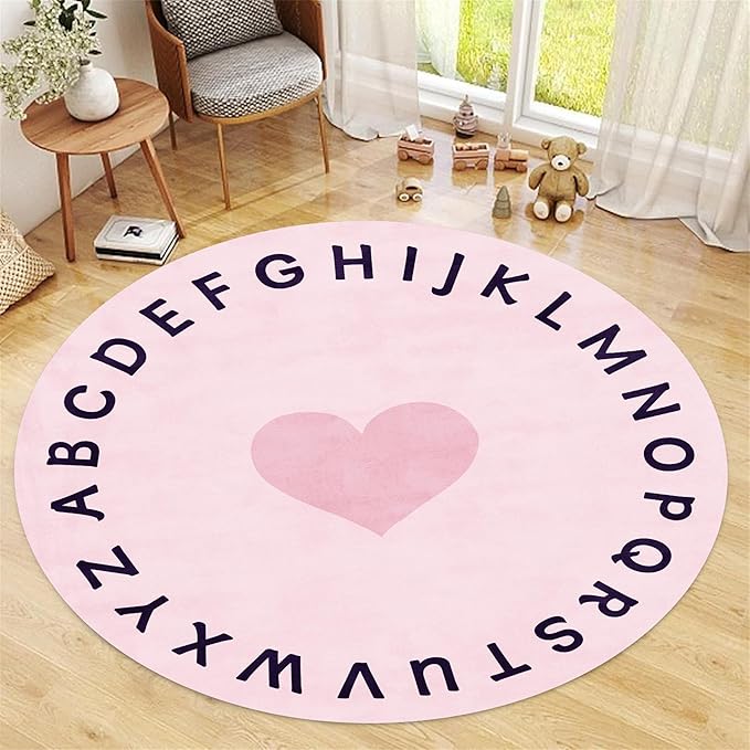Super Soft Pink Round Rug,6ft,Children's ABC Letter Educational Learning Rug, Non-Slip Washable Nursery Rug, Children's Crawling Play Mat, Suitable for Boys And Girls Bedroom Playroom Decoration