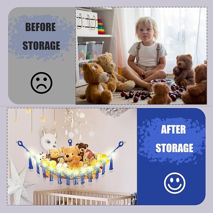 Stuffed Animal Hammock with LED Light, Large Stuffed Animals Storage Corner Plushie Net for Kids Room Decor, 2 Packs Royal Blue