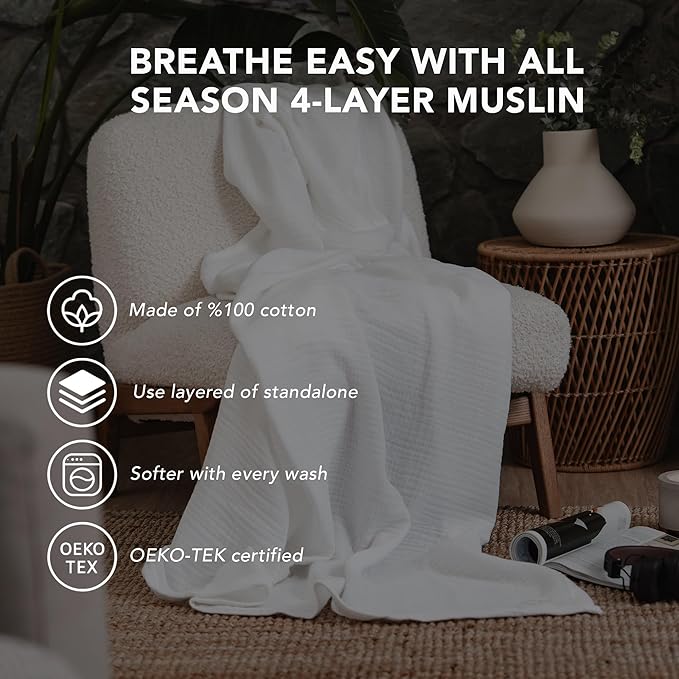 Goqan Muslin Throw Blanket 55x60 – 100% Cotton 4 Layer Boho Muslin Blanket for Adults, Lightweight, Soft, Breathable for Bed, Couch, Picnic - White