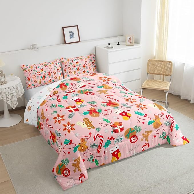 Feelyou Cute Gingerbread Man Bedding Set for Kids Boys Girls Toddler Size Comforter Set Ultra Soft Winter Christmas Comforter Xmas Duvet Quilt Bedroom Decor Christmas Decor Quilt