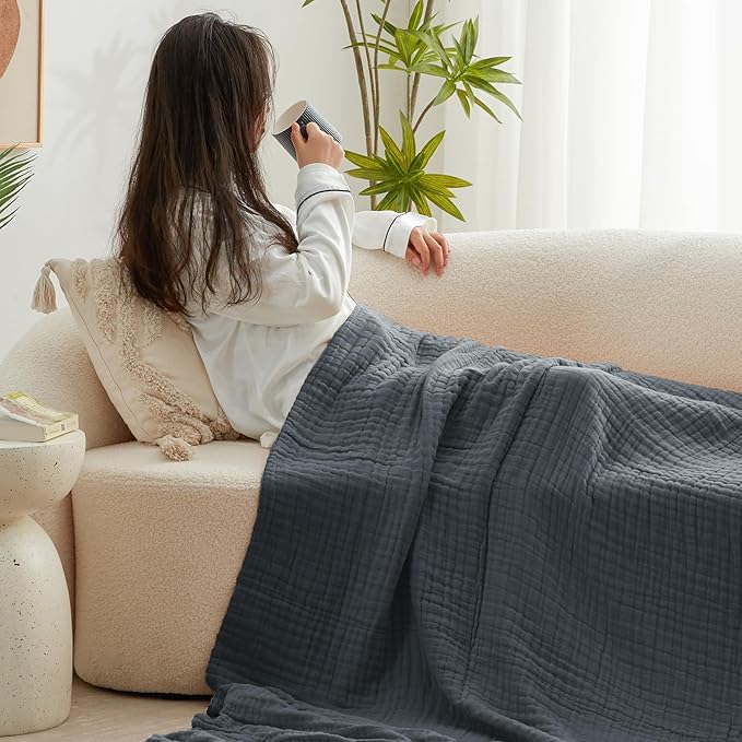 Love's cabin 6 Layer 100% Cotton Muslin Blanket, 90"x90" Muslin Blanket Queen for Couch Bed, Lightweight and Breathable Cotton Gauze for Adult, Dark Grey