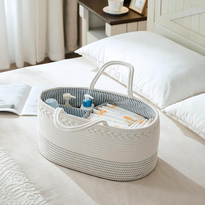 luxury little Diaper Caddy Organizer, Extra Large Cotton Rope Nursery Basket, Changing Table Organizer for Baby Diaper Storage, Portable Car Organizer with Removable Divider, Baby Shower Gifts
