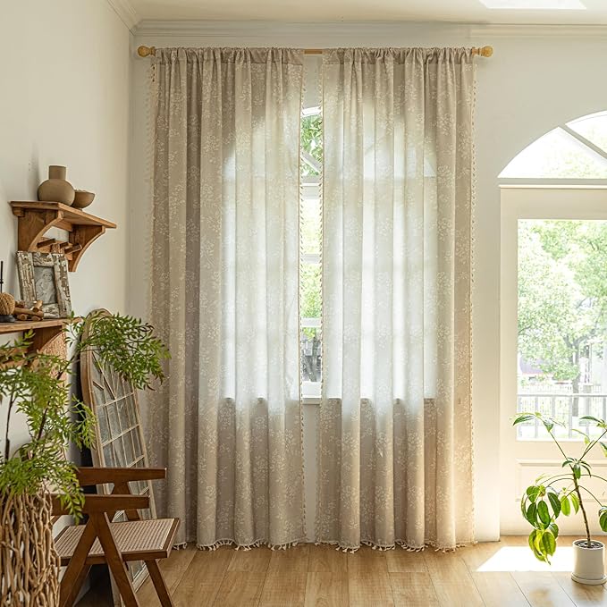 ENJOYBRIDAL Floral 63 Inch Curtains 2 Panel Set Light Camel Rustic Drapes Rod Pocket Bedroom Living Room Semi Sheer Window Curtain Panels Short Farmhouse Boho Chic Cute Window Treatments