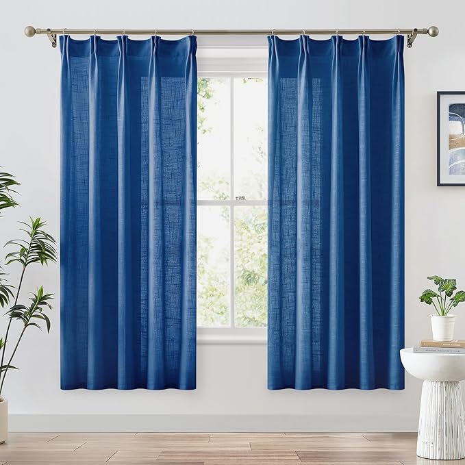 FMFUNCTEX Linen Semi Sheer Curtains 63 Inch Length for Bedroom, Navy Blue Pinch Pleated Curtains for Living Room, Light Filtering Farmhouse Window Drapes Rod Pocket Back Tab 2 Panels Set