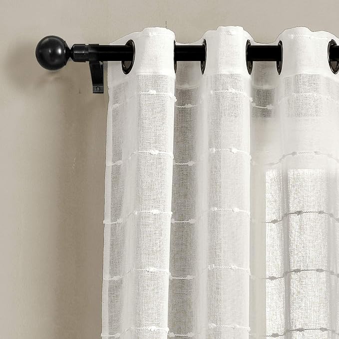 Lush Decor Farmhouse Textured Grommet Sheer Window Curtain Panel Pair, 38"W x 108"L, White