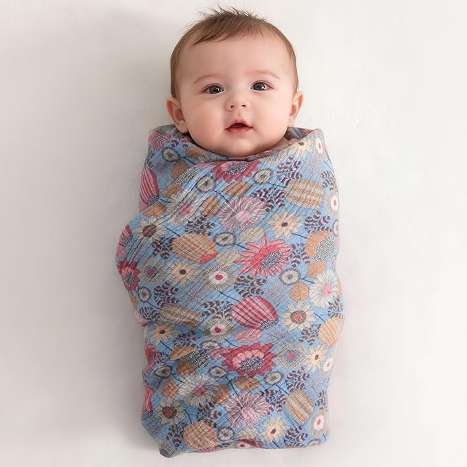 NTBAY 4 Layer Muslin Cotton Toddler Blanket, 42x60 Soft and Breathable Receiving for Newborns and Infants, Perfect for Crib, Stroller, Travel, Lightweight Nursery Blanket, Boho Flower