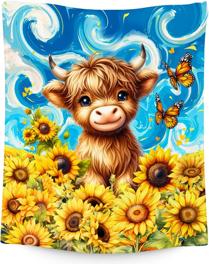 Kids Blanket - Highland Cow Blankets for Teens/Women - Flannel Soft Sunflower Throws for Bed Office - 60"x80"