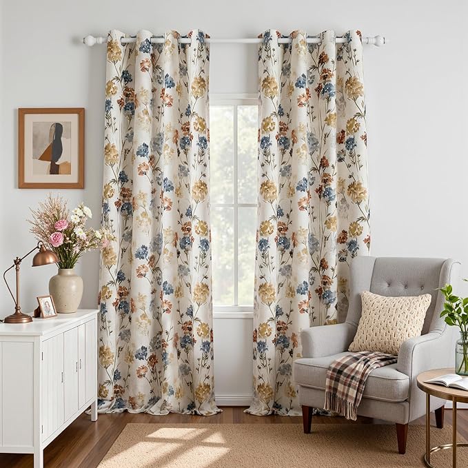 MYSKY HOME 100% Blackout Linen Floral Curtains 102 Inch Long 2 Panels Farmhouse Pattern Printed Double Layer Thermal Insulated Floor Length Window Drapes for Dining Room, Yellow, 52" Wide Each Panel