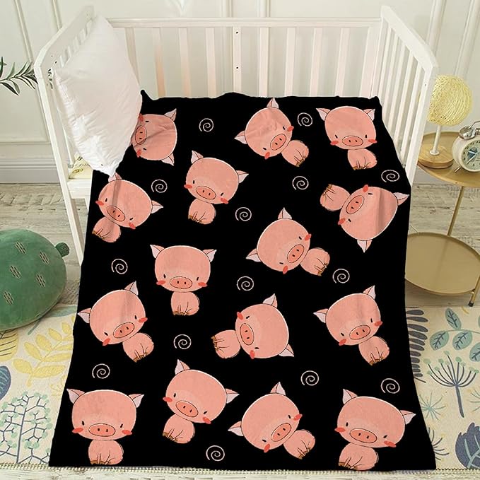 Thuswarm Cute Piggy Kawaii Pig Black Flannel Throw Blanket Warm Cozy Soft Funny Print Blankets for Bed Couch Sofa Room Decoration Gifts 80"×60" Large for Adult