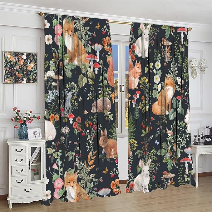 Animal Curtains, Watercolor Forest Animals Plants Pattern Blackout Window Treatments, Rod Pocket Thermal Insulated Drapes 2 Panel Sets for Bedroom Living Room, 84" W X 84" L